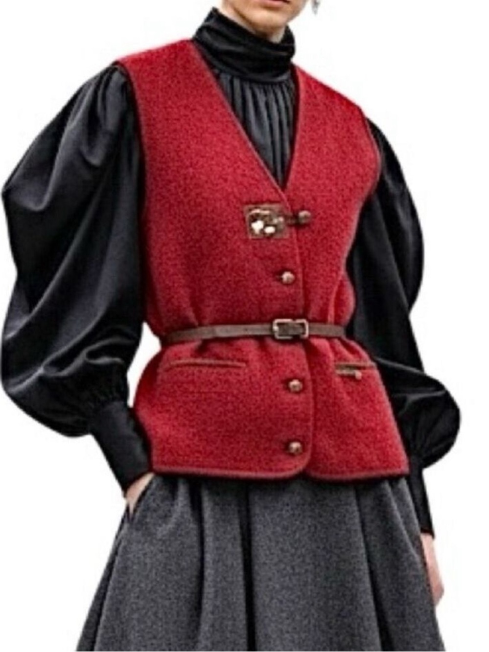 Vintage 90s boiled wool boxy oversized cottagecore Loden style red vest L